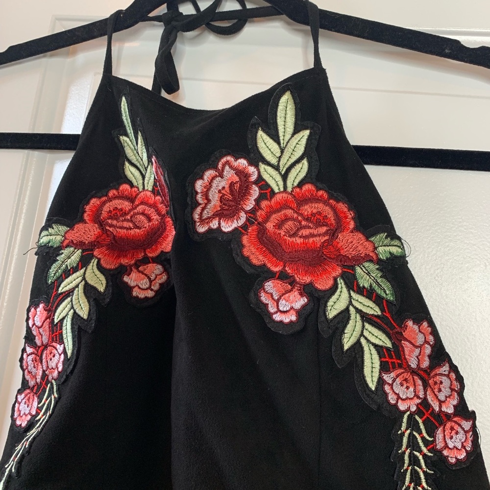 Black two piece rose embroidered halter top